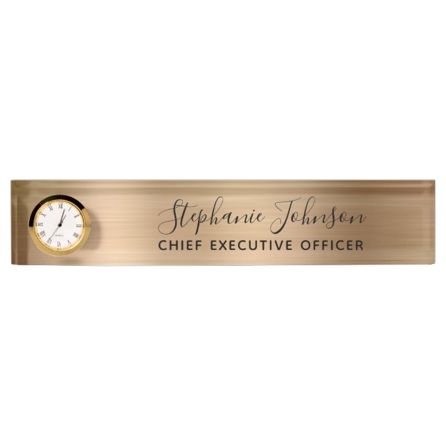 Elegant Gold Metallic Boss Lady CEO Clock Desk Name Plate (Front)