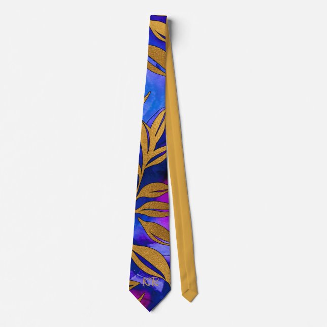 Elegant Gold Metallic Leaves Purple Blue Initials Neck Tie (Front)