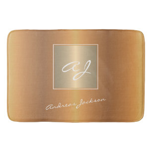 Elegant gold metallic modern script monogram name bath mat