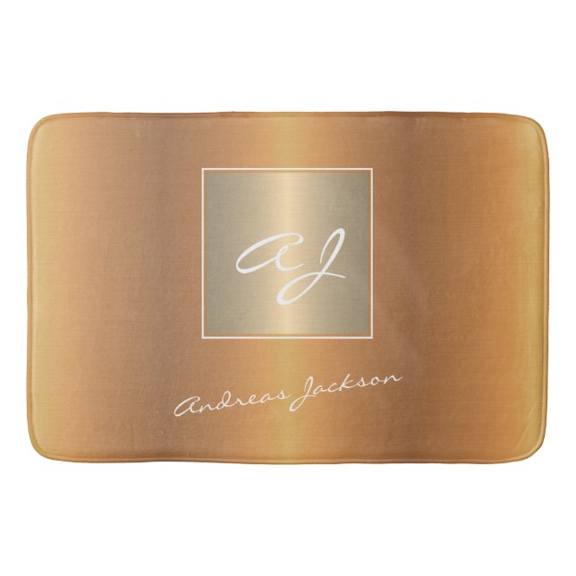 Elegant gold metallic modern script monogram name bath mat (Front)