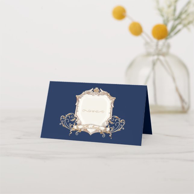 Elegant Gold Metallic n Navy Blue Shield Wedding Place Card (Front)