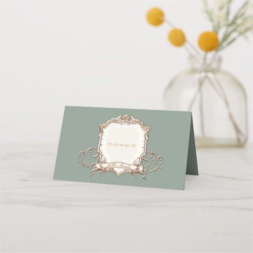 Elegant Gold Metallic n Sage Mint Swirls Wedding Place Card