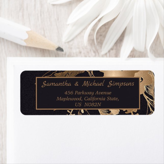 Elegant Gold Metallic Roses Floral Wedding Address Label (Insitu)