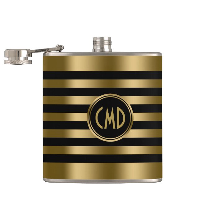 Elegant Gold Metallic Stripes Black background Flask (Opened)