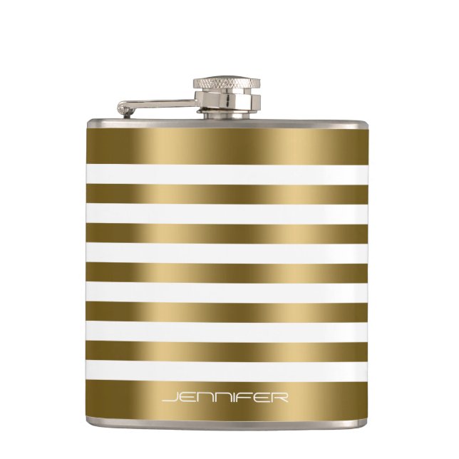 Elegant Gold Metallic Stripes White background Flask (Front)