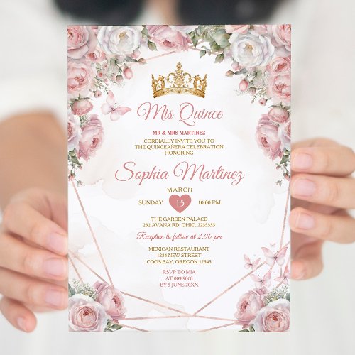 Elegant Gold Mexican Pink Flowers Quinceaera Invitation