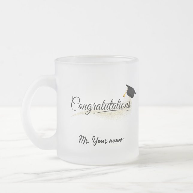 Elegant Gold Minimal Graduation School cap name Frosted Glass Coffee Mug (Left)