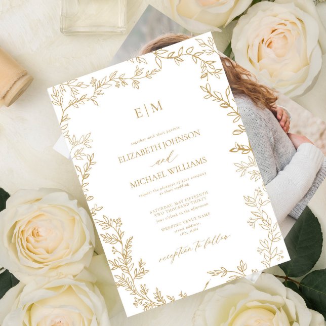 Elegant Gold Minimal Leaf Photo Monogram Wedding Invitation (Creator Uploaded)