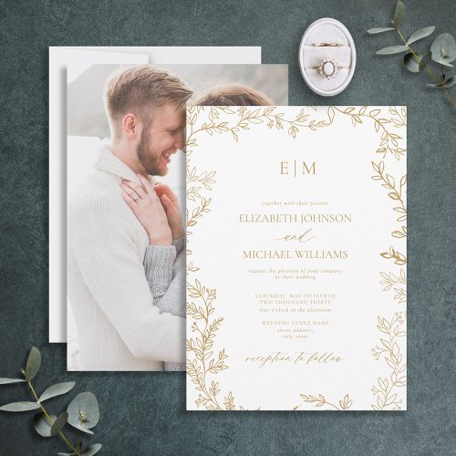 Elegant Gold Minimal Leaf Photo Monogram Wedding Invitation