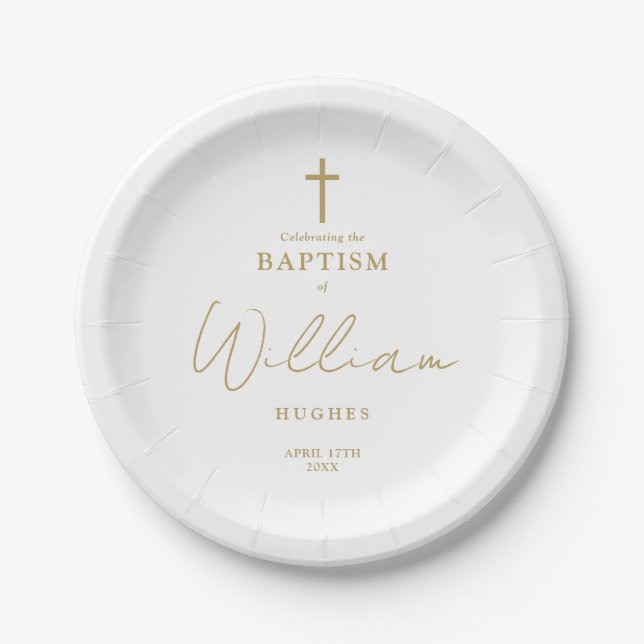 Elegant Gold Minimalist Baptism Christening Paper Plates (Front)