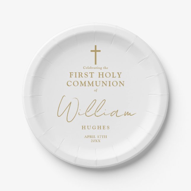 Elegant Gold Minimalist First Holy Communion Paper Plates (Front)