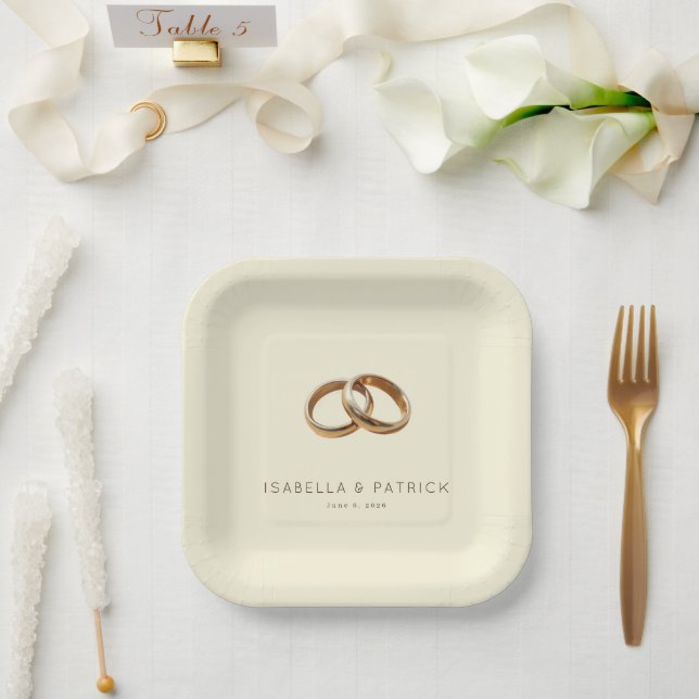Elegant Gold Minimalist Rings Paper Plates (Wedding)