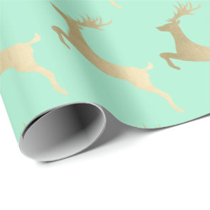 Elegant Gold Mint Christmas Reindeer Pattern Wrapping Paper