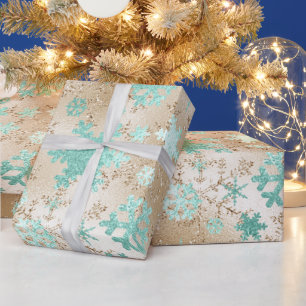 Elegant Gold & Mint Christmas Snowflake Pattern Wrapping Paper