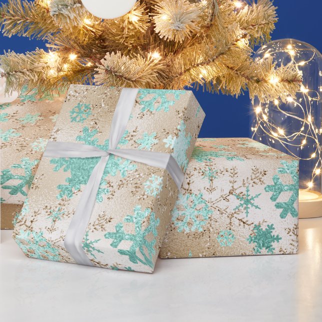 Elegant Gold & Mint Christmas Snowflake Pattern Wrapping Paper (Holidays)