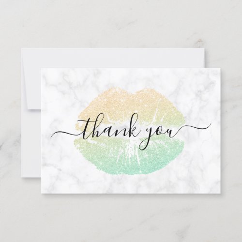 Elegant gold  mint glitter lips white marble thank you card