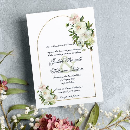 Elegant gold mint white peony floral wedding invitation