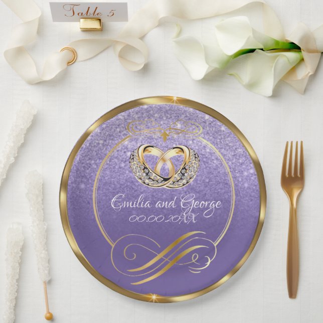 Elegant Gold Mist Purple Wedding Personalised  Paper Plates (Wedding)