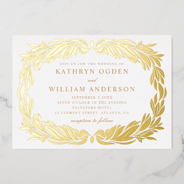 Elegant gold modern floral botanical wedding foil invitation (Front)
