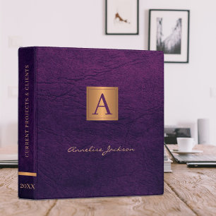 Elegant gold modern monogrammed leather office 3 ring binder