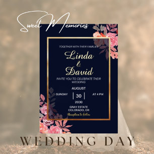 Elegant Gold Modern Pink Floral Border Wedding Foil Invitation