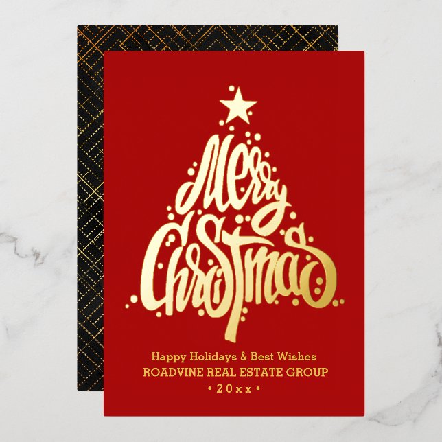 Elegant Gold Modern Script Red Merry Christmas Foil Holiday Card (Front/Back)