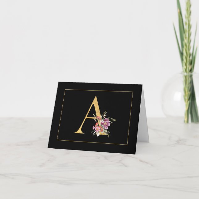 Elegant Gold Monogram A with Pink Flowers Note Card (Front)