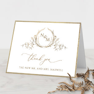 Elegant Gold Monogram and Frame Wedding Letterpress Thank You Card
