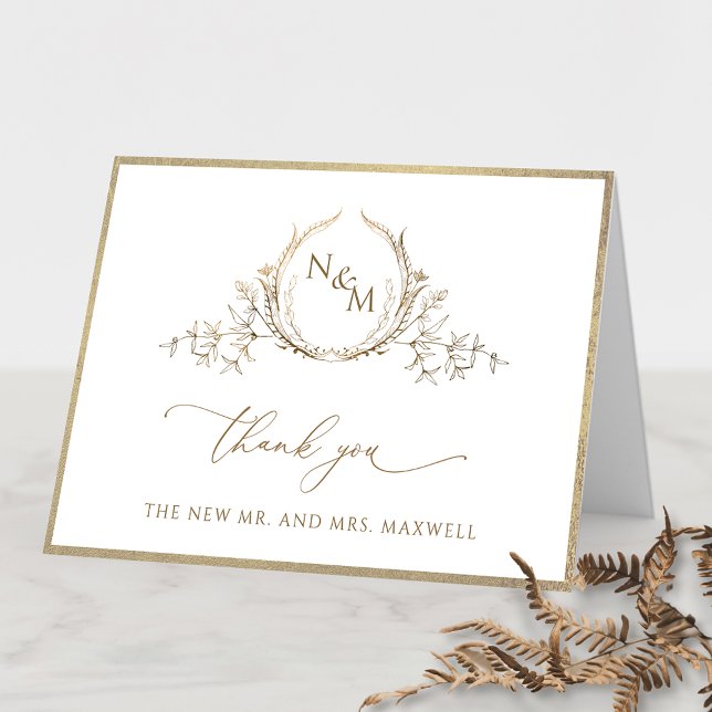 Elegant Gold Monogram and Frame Wedding Letterpress Thank You Card (Creator Uploaded)