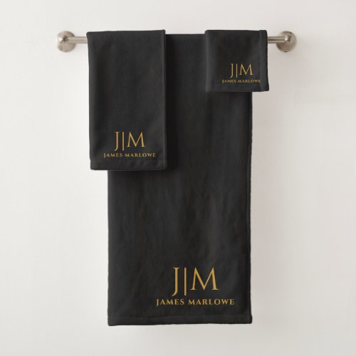 Elegant Gold Monogram Black Bath Towel Set