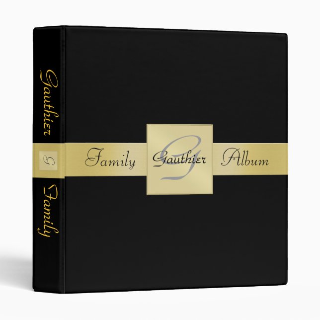 Elegant Gold Monogram Black Family Album Binder (Front/Spine)