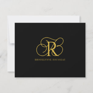 Elegant Gold Monogram Black Flat Note Card