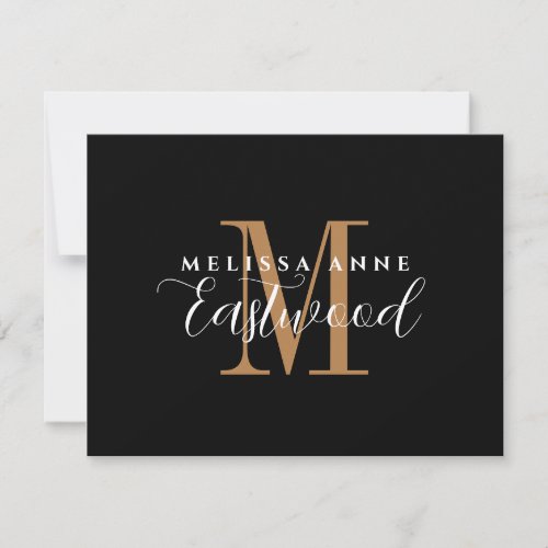 Elegant Gold Monogram Black Flat Note Card