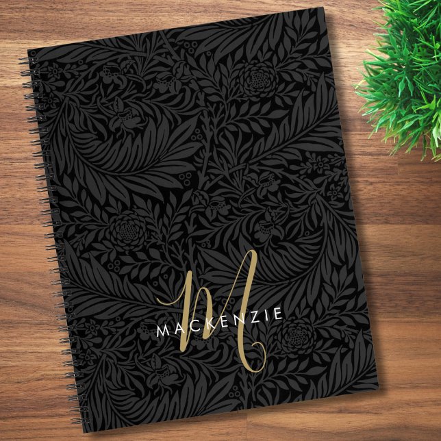 Elegant Gold Monogram Black Floral Pattern Notebook (Creator Uploaded)