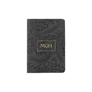 Elegant Gold Monogram Black Floral Pattern Passport Holder