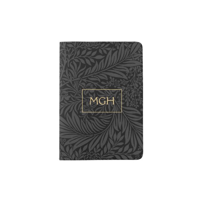 Elegant Gold Monogram Black Floral Pattern Passport Holder (Front)