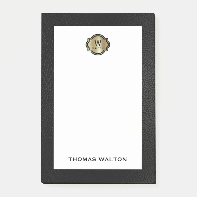 Elegant Gold Monogram Black Leather Look Post-it Notes (Front)