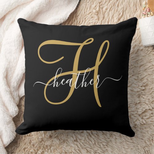 Elegant Gold Monogram Black Throw Pillow