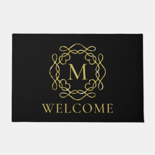 Elegant Gold Monogram Black Welcome Doormat