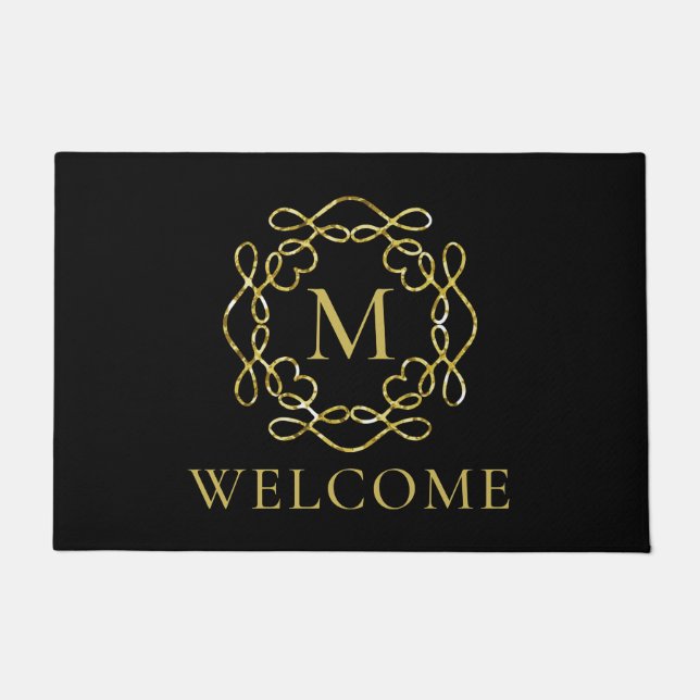 Elegant Gold Monogram Black Welcome Doormat (Front)