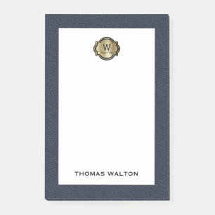 Elegant Gold Monogram Blue Leather Look Post-it Notes