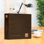 Elegant gold monogram brown leather office 3 ring binder<br><div class="desc">Monogrammed luxury exclusive looking office or personal work organizer binder featuring faux copper metallic gold glitter squares with your business or personal script name initials on front and spine over a stylish dark brown faux leather background. Suitable for small business, corporate or independent business professionals, personal branding or stylists specialists,...</div>
