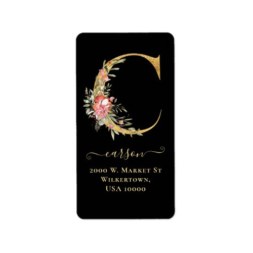 Elegant Gold Monogram C Floral Address Label