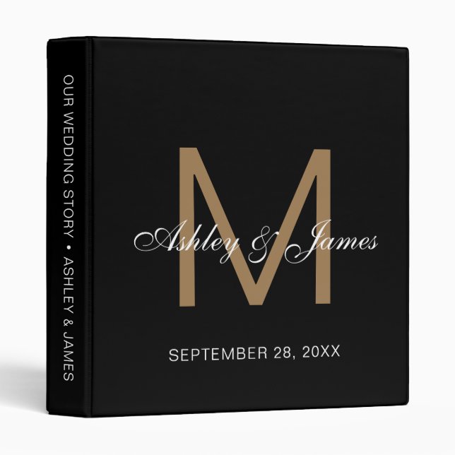 Elegant Gold Monogram Calligraphy Black Wedding 3 Ring Binder (Front/Spine)