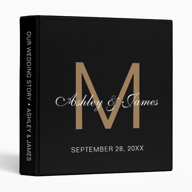 Elegant Gold Monogram Calligraphy Black Wedding 3 Ring Binder (Front/Spine)