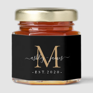 Elegant Gold Monogram Calligraphy Names Wedding Honey Jar Favors