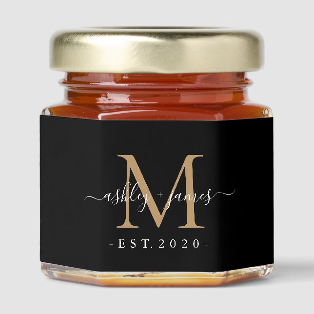 Elegant Gold Monogram Calligraphy Names Wedding  Honey Jar Favors (Front)