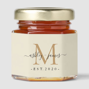 Elegant Gold Monogram Calligraphy Names Wedding  Honey Jar Favors