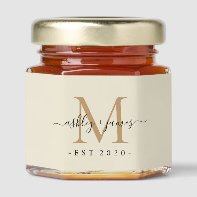 Elegant Gold Monogram Calligraphy Names Wedding  Honey Jar Favors (Front)