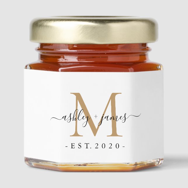 Elegant Gold Monogram Calligraphy Names Wedding  Honey Jar Favors (Front)